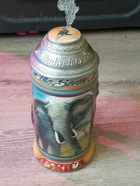 Budweiser Ceramic Stein with Elephant Artwork — Blue, Orange, Silver